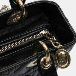 Pre Owned Dior Black Medium Lambskin Cannage Pearl Lady Dior