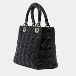 Pre Owned Dior Black Medium Lambskin Cannage Pearl Lady Dior