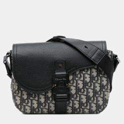 Pre Owned Dior Black Small Oblique Canvas Saddle Messenger Bag with Flap