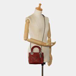 Pre Owned Dior Red Mini Embossed Calfskin Cannage Studded Flower Lady Dior