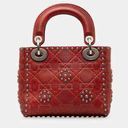 Pre Owned Dior Red Mini Embossed Calfskin Cannage Studded Flower Lady Dior