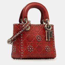 Pre Owned Dior Red Mini Embossed Calfskin Cannage Studded Flower Lady Dior