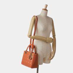 Pre Owned Dior Orange Medium Patent Cannage Lady Dior