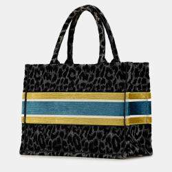 Pre Owned Dior Black Mizza Medium Embroidered Canvas Leopard Book Tote
