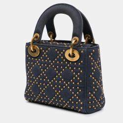 Pre Owned Dior Blue Mini Denim Cannage Studded Supple Lady Dior
