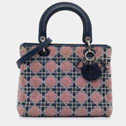 Pre Owned Dior Navy Blue Medium Lambskin And Tweed Cannage Lady Dior