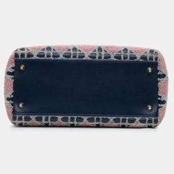 Pre Owned Dior Navy Blue Medium Lambskin And Tweed Cannage Lady Dior