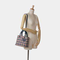 Pre Owned Dior Navy Blue Medium Lambskin And Tweed Cannage Lady Dior