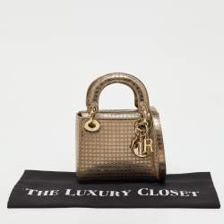 Pre Owned Dior Metallic Gold Microcannage Patent Leather Mini Lady Dior Tote