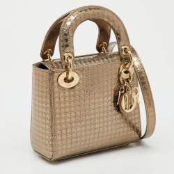 Pre Owned Dior Metallic Gold Microcannage Patent Leather Mini Lady Dior Tote