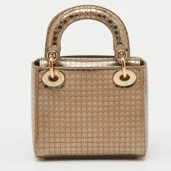 Pre Owned Dior Metallic Gold Microcannage Patent Leather Mini Lady Dior Tote