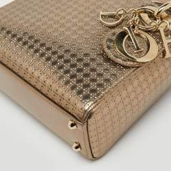 Pre Owned Dior Metallic Gold Microcannage Patent Leather Mini Lady Dior Tote