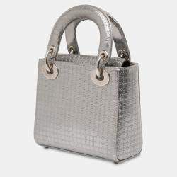 Pre Owned Dior Silver Mini Metallic Patent Microcannage Lady Dior