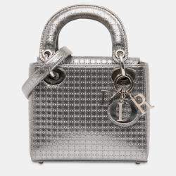 Pre Owned Dior Silver Mini Metallic Patent Microcannage Lady Dior