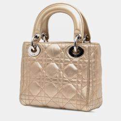 Pre Owned Dior Gold Mini Metallic Lambskin Cannage Lady Dior