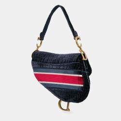 Pre Owned Dior Navy Blue Velvet Embroidered Crocodile Effect Saddle Bag
