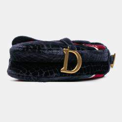 Pre Owned Dior Navy Blue Velvet Embroidered Crocodile Effect Saddle Bag