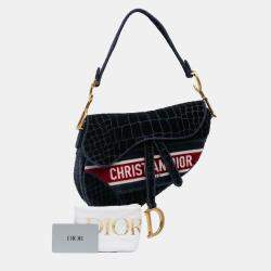 Pre Owned Dior Navy Blue Velvet Embroidered Crocodile Effect Saddle Bag