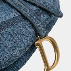 Pre Owned Dior Blue Oblique Denim Embroidered Saddle Bag