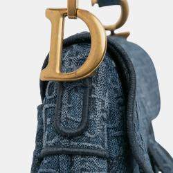 Pre Owned Dior Blue Oblique Denim Embroidered Saddle Bag