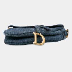 Pre Owned Dior Blue Oblique Denim Embroidered Saddle Bag