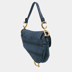 Pre Owned Dior Blue Oblique Denim Embroidered Saddle Bag