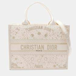 Pre Owned Christian Dior Book Tote Medium Tote Bag  Canvas And Leather  White/Gold