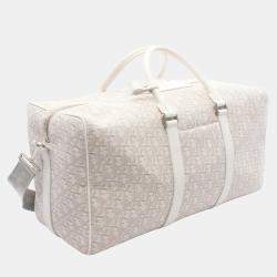 Pre Owned Christian Dior Dior Oblique Boston Bag  Canvas And Leather  White/Beige