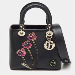 Pre Owned Dior Black Leather Flower Embroidered Medium Lady Dior Tote
