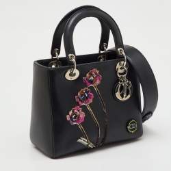 Pre Owned Dior Black Leather Flower Embroidered Medium Lady Dior Tote