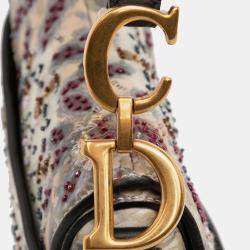 Pre Owned Dior Beige Mini Calfskin Kaleidiorscopic Embroidered Saddle Bag
