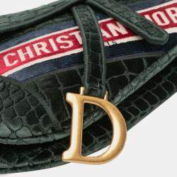 Pre Owned Dior Green Velvet Embroidered Crocodile Effect Saddle Bag