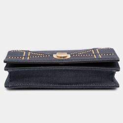 Pre Owned Dior Navy Blue Studded Denim Diorama Wallet on Chain