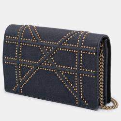 Pre Owned Dior Navy Blue Studded Denim Diorama Wallet on Chain