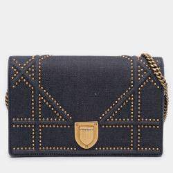 Pre Owned Dior Navy Blue Studded Denim Diorama Wallet on Chain