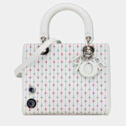 Pre Owned Dior White Medium Calfskin Embroidered Flower Lady Dior