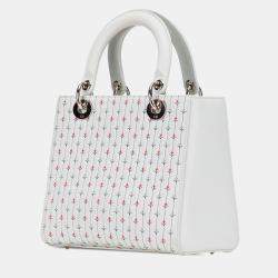 Pre Owned Dior White Medium Calfskin Embroidered Flower Lady Dior