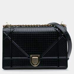 Pre Owned Dior Navy Blue Medium Patent Microcannage Diorama Flap