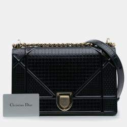 Pre Owned Dior Navy Blue Medium Patent Microcannage Diorama Flap