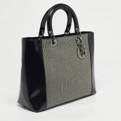 Pre Owned Dior Black Houndstooth Canvas and Leather Large Lady Dior Tote