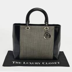 Pre Owned Dior Black Houndstooth Canvas and Leather Large Lady Dior Tote