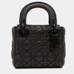Pre Owned Dior Black Mini Ultra Matte Calfskin Cannage Studded Supple Lady Dior