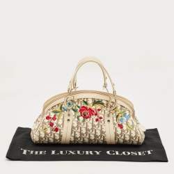 Pre Owned Dior Beige Diorissimo Fabric and Leather Floral Embroidered Frame Bag 