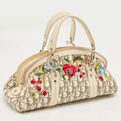 Pre Owned Dior Beige Diorissimo Fabric and Leather Floral Embroidered Frame Bag 