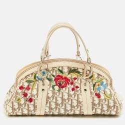 Pre Owned Dior Beige Diorissimo Fabric and Leather Floral Embroidered Frame Bag 