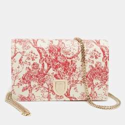 Pre Owned Dior Red/White Leather Toile de Jouy Diorama Wallet on Chain