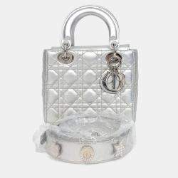 Pre Owned Dior Silver Leather Cannage Lady Bag Small