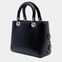 Pre Owned Dior Black Medium Smooth Calfskin Embroidered Beaded Floral Lady Dior