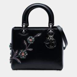 Pre Owned Dior Black Medium Smooth Calfskin Embroidered Beaded Floral Lady Dior