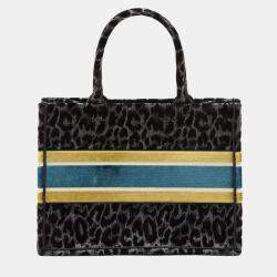 Pre Owned Dior Black Grey Mizza Medium Embroidered Velvet Leopard Book Tote